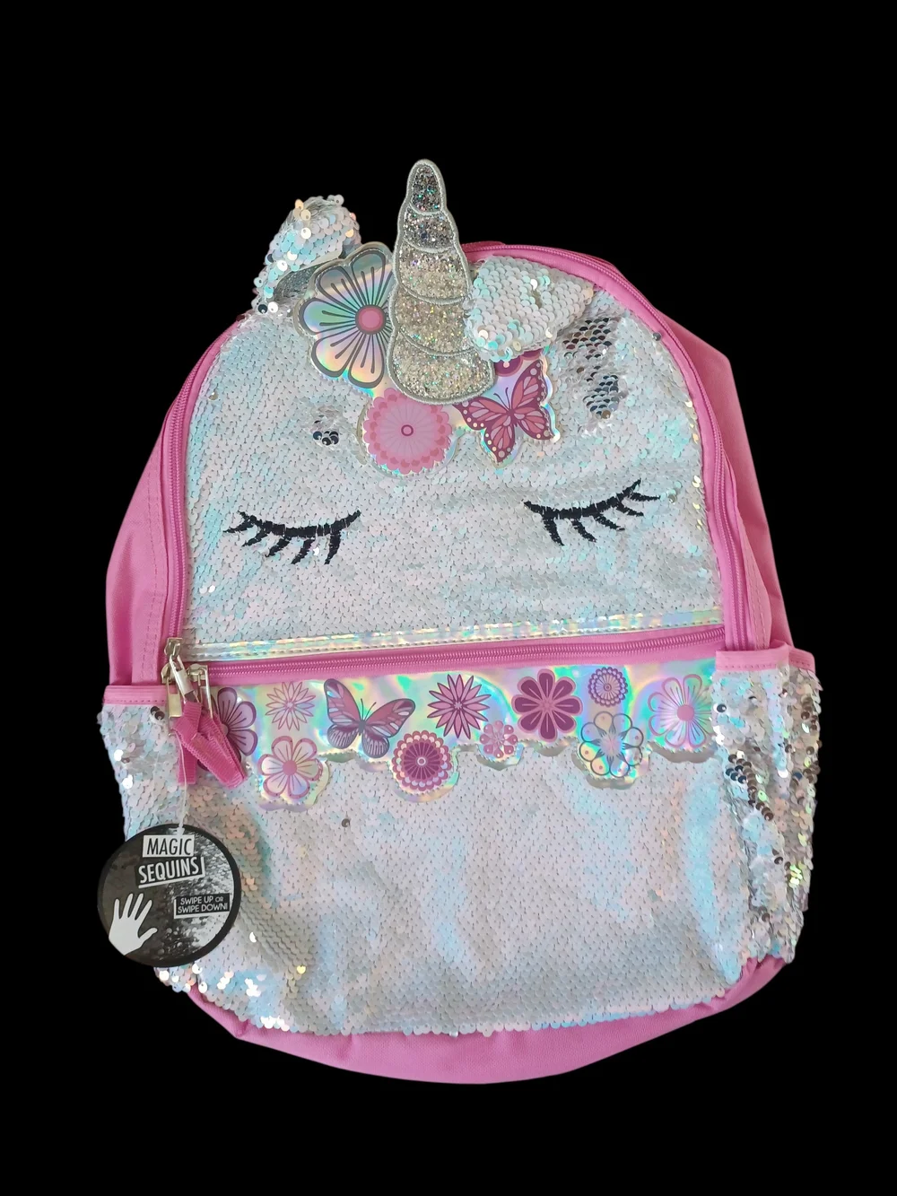 Kids Pink Sequin Unicorn Backpack with Floral Accents